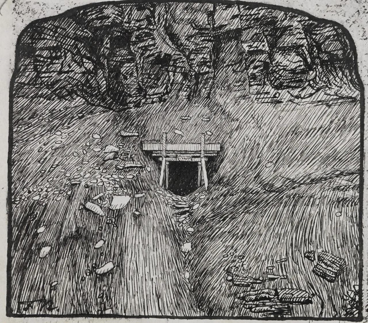 A pen and ink drawing of a dark tunnel opening in a hillside, with timber supports, rocks and debris in front